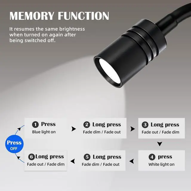 Alt view image 4 of 7 - THALASSA Black RV Flexible Gooseneck Reading Light with 6000K Warm White and Blue Night Light Mode with USB-C and USB Ports 12V for Motorhome, Camper, Truck, Marine Bedside Use
