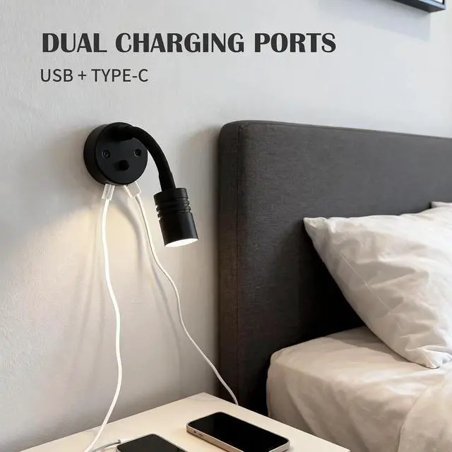 Alt view image 5 of 7 - THALASSA Black RV Flexible Gooseneck Reading Light with 6000K Warm White and Blue Night Light Mode with USB-C and USB Ports 12V for Motorhome, Camper, Truck, Marine Bedside Use