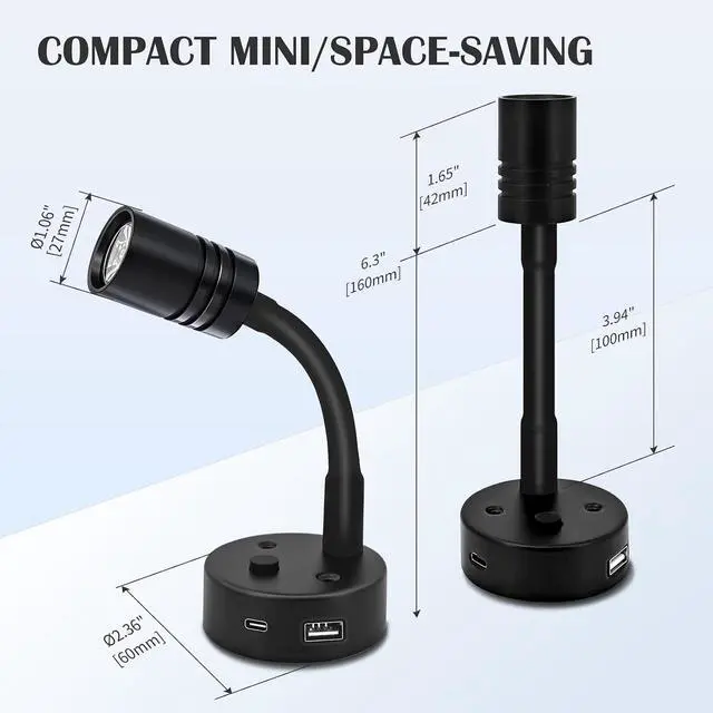 Alt view image 6 of 7 - THALASSA Black RV Flexible Gooseneck Reading Light with 6000K Warm White and Blue Night Light Mode with USB-C and USB Ports 12V for Motorhome, Camper, Truck, Marine Bedside Use