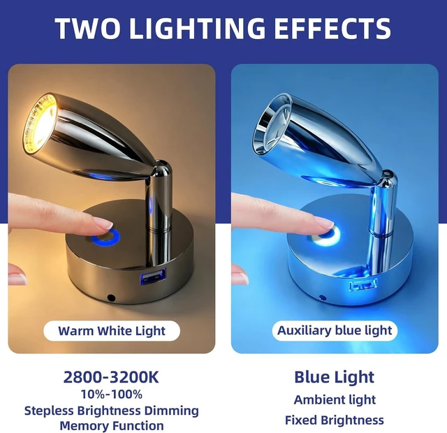 Alt view image 4 of 7 - THALASSA Small RV Reading Light with USB Port, 12V/24V Touch Dimmable Bedside Lamp, 3200K Warm White & Blue Night Light for Camper Motorhome Truck