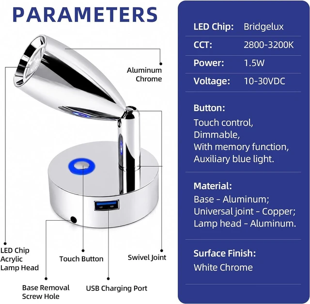 Alt view image 3 of 7 - THALASSA Small RV Reading Light with USB Port, 12V/24V Touch Dimmable Bedside Lamp, 3200K Warm White & Blue Night Light for Camper Motorhome Truck