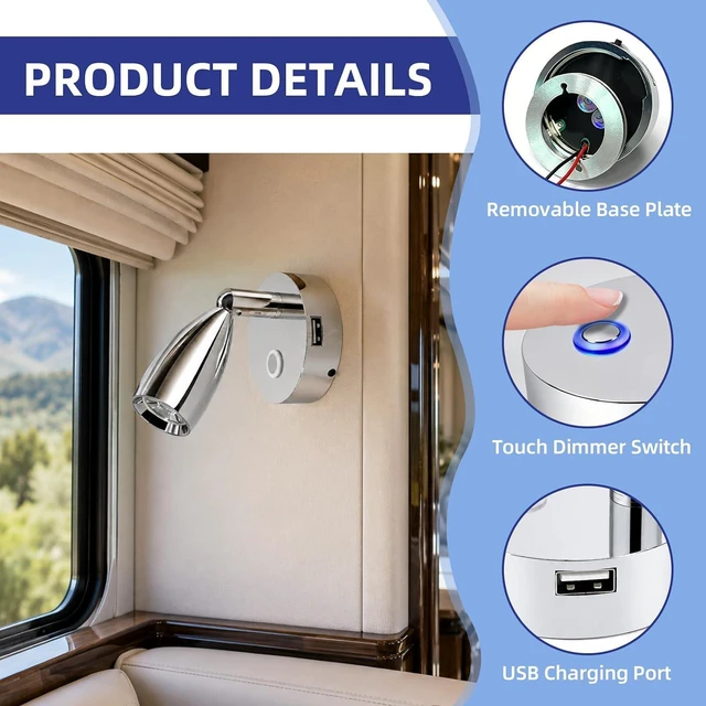 Alt view image 6 of 7 - THALASSA Small RV Reading Light with USB Port, 12V/24V Touch Dimmable Bedside Lamp, 3200K Warm White & Blue Night Light for Camper Motorhome Truck