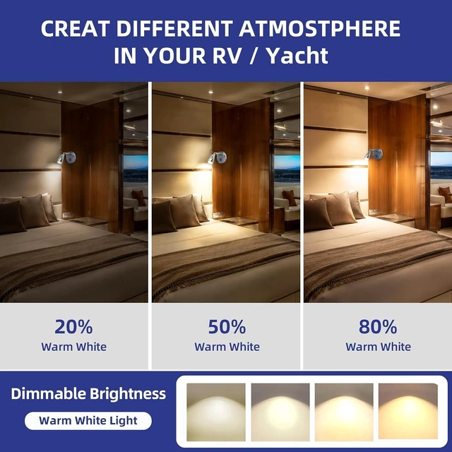 Alt view image 7 of 7 - THALASSA Small RV Reading Light with USB Port, 12V/24V Touch Dimmable Bedside Lamp, 3200K Warm White & Blue Night Light for Camper Motorhome Truck