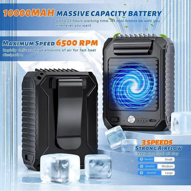 Alt view image 4 of 7 - Portable Waist Clip Fan Necklace, Personal Neck Fan 10000mAh Battery Operated Powerful Wind usb Rechargeable Belt Cooling Small Fan for Men Camping Outdoor Workers Travel Farm Hiking Black