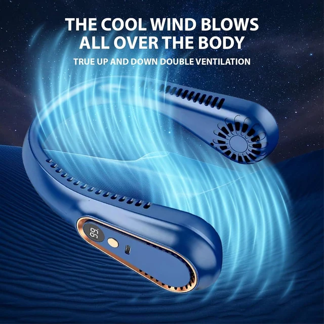 Alt view image 3 of 7 - Portable Neck Fan, Hands-Free Bladeless Upgraded Personal Fan with 4000mAh Battery, Rechargeable Leafless Hanging Sport Fan, USB Powered, 5 Speeds, Headphone Style Blue