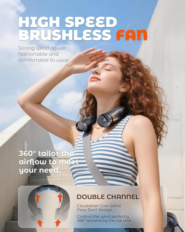 Alt view image 2 of 7 - Portable Neck Fan, Ultra-Quiet Personal Fan, 6000mAh Battery Operated, Hands Free USB Rechargeable Fan with 6 Adjustable Speeds, Cooling Wearable Fan for Outdoor&Home, Black