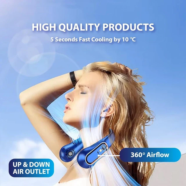 Alt view image 6 of 7 - Portable Neck Fan, Hands-Free Bladeless Upgraded Personal Fan with 4000mAh Battery, Rechargeable Leafless Hanging Sport Fan, USB Powered, 5 Speeds, Headphone Style Blue