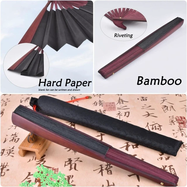 Alt view image 2 of 6 - Folding Fan,Handheld Chinese Arts Fans,Bamboo Hard Paper Hand Fans with a Fabric Sleeve for Performance Decorations and Gifts,13inch (Black)