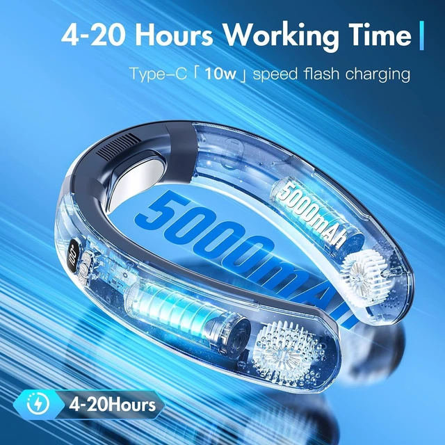 Alt view image 4 of 7 - Zymise Neck Fan Portable Bladeless Neck Fan Hands Free Personal Fans, 5000 mAh Battery Operated Neck Fan, 360 Cooling Wearable Fan, 3 Speeds Adjustment, Low Noise for Outdoor Indoor Office