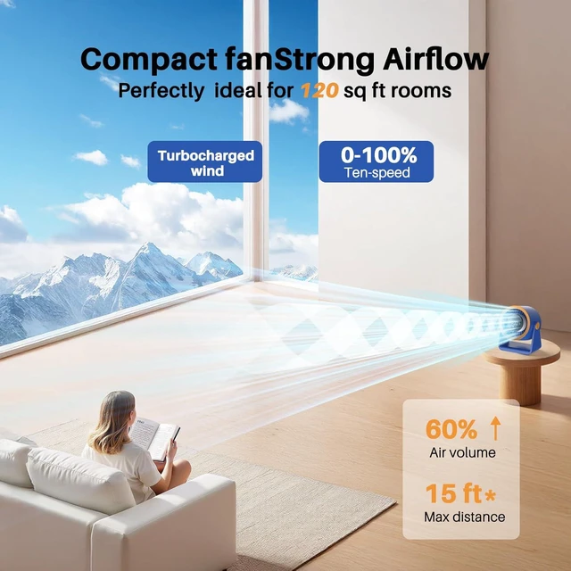 Alt view image 2 of 7 - Ausic Powerful Desk Fan Utra-quiet for Bedroom, 15200mAh Small Turbo Bedside Fans for Cooling and Sleep, Personal Battery Powered USB Fans With LED Light, Digital Display, 105° Tilt (White)