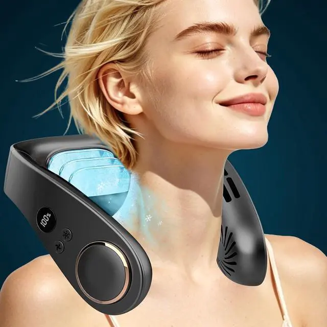 Main image of FWV Neck Fan with Cooling Plate, Quiet 30dB, 3-24Hrs Cooling,5500mAh Battery,LED Display Necklace AC Cooler, USB Bladeless Portable Personal Wearable Fans that Blow Cold Air for Men Women Kids Black