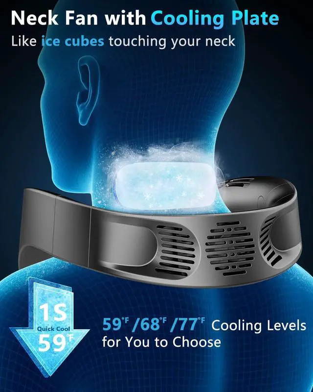 Alt view image 2 of 7 - FWV Neck Fan with Cooling Plate, Quiet 30dB, 3-24Hrs Cooling,5500mAh Battery,LED Display Necklace AC Cooler, USB Bladeless Portable Personal Wearable Fans that Blow Cold Air for Men Women Kids Black