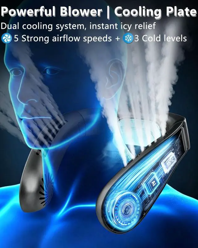 Alt view image 3 of 7 - FWV Neck Fan with Cooling Plate, Quiet 30dB, 3-24Hrs Cooling,5500mAh Battery,LED Display Necklace AC Cooler, USB Bladeless Portable Personal Wearable Fans that Blow Cold Air for Men Women Kids Black