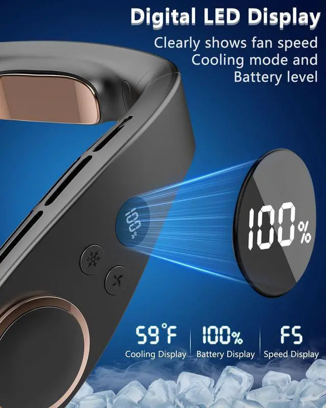 Alt view image 5 of 7 - FWV Neck Fan with Cooling Plate, Quiet 30dB, 3-24Hrs Cooling,5500mAh Battery,LED Display Necklace AC Cooler, USB Bladeless Portable Personal Wearable Fans that Blow Cold Air for Men Women Kids Black