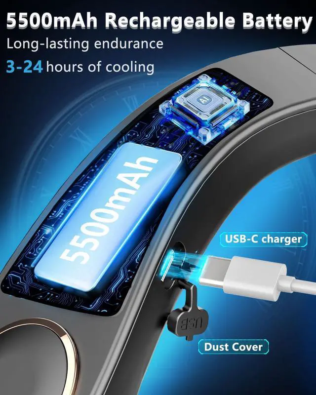 Alt view image 7 of 7 - FWV Neck Fan with Cooling Plate, Quiet 30dB, 3-24Hrs Cooling,5500mAh Battery,LED Display Necklace AC Cooler, USB Bladeless Portable Personal Wearable Fans that Blow Cold Air for Men Women Kids Black