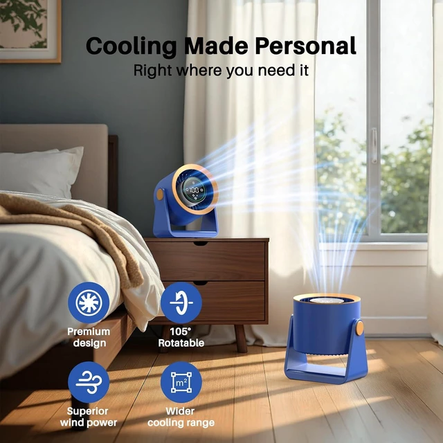 Alt view image 6 of 7 - Ausic Powerful Desk Fan Utra-quiet for Bedroom, 15200mAh Small Turbo Bedside Fans for Cooling and Sleep, Personal Battery Powered USB Fans With LED Light, Digital Display, 105° Tilt (White)