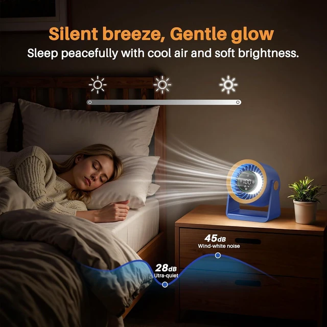 Alt view image 7 of 7 - Ausic Powerful Desk Fan Utra-quiet for Bedroom, 15200mAh Small Turbo Bedside Fans for Cooling and Sleep, Personal Battery Powered USB Fans With LED Light, Digital Display, 105° Tilt (White)
