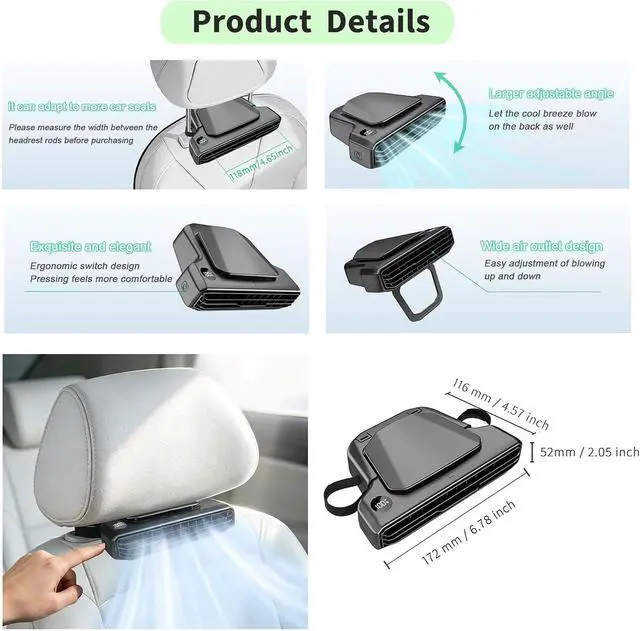 Alt view image 6 of 7 - 2026 Upgraded Rechargeable 5-Speed Car Seat Fan with 3000mhA Battery for Driver & Back Seat Passengers, Mini Portable USB Charging Headrest Carseat Fan for Baby Infant, Kids & Dogs (2 PCS)