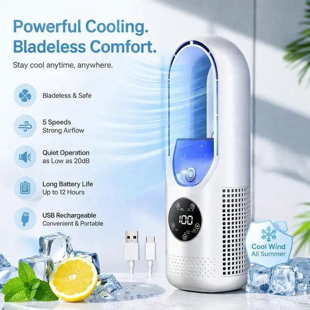 Alt view image 2 of 7 - 6-Speed Bladeless Electric Fan with Light, Built-In 7-Color Cycle Light, Portable Desktop Cooling Fan with 100ml Water Tank, Timer, Small Quiet Personal Cooler for Personal Bedroom Home Office (White)