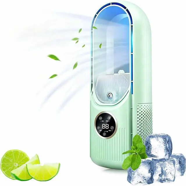 Main image of 6-Speed Bladeless Electric Fan with Light, Built-In 7-Color Cycle Light, Portable Desktop Cooling Fan with 100ml Water Tank, Timer, Small Quiet Personal Cooler for Personal Bedroom Home Office (Green)