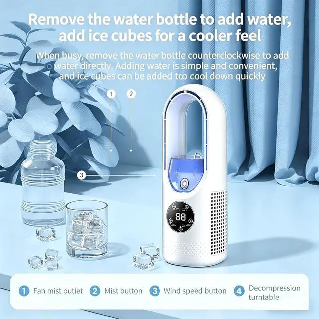 Alt view image 3 of 7 - 6-Speed Bladeless Electric Fan with Light, Built-In 7-Color Cycle Light, Portable Desktop Cooling Fan with 100ml Water Tank, Timer, Small Quiet Personal Cooler for Personal Bedroom Home Office (White)