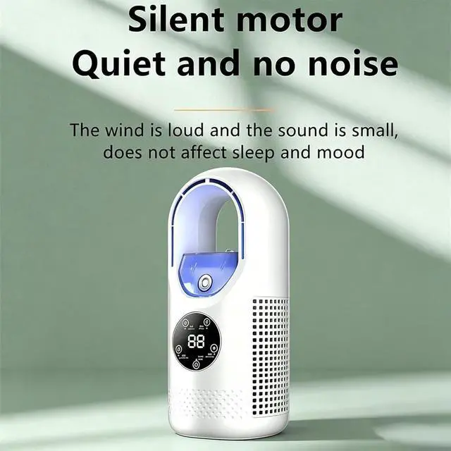 Alt view image 5 of 7 - 6-Speed Bladeless Electric Fan with Light, Built-In 7-Color Cycle Light, Portable Desktop Cooling Fan with 100ml Water Tank, Timer, Small Quiet Personal Cooler for Personal Bedroom Home Office (White)