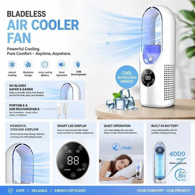 Alt view image 6 of 7 - 6-Speed Bladeless Electric Fan with Light, Built-In 7-Color Cycle Light, Portable Desktop Cooling Fan with 100ml Water Tank, Timer, Small Quiet Personal Cooler for Personal Bedroom Home Office (White)