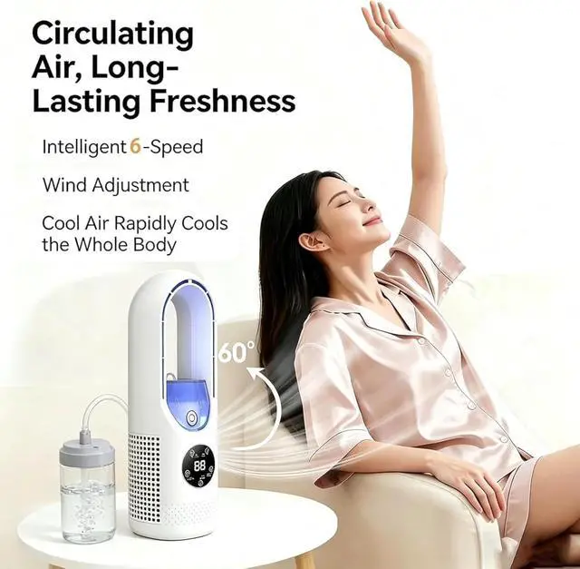Alt view image 7 of 7 - 6-Speed Bladeless Electric Fan with Light, Built-In 7-Color Cycle Light, Portable Desktop Cooling Fan with 100ml Water Tank, Timer, Small Quiet Personal Cooler for Personal Bedroom Home Office (White)