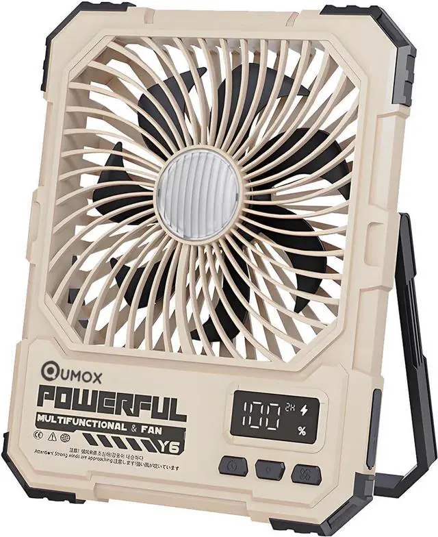 Main image of QUMOX Y6 Rechargeable Camping Fan with LED Light, 20000mAh Battery, Remote Control, 4 Speed Levels, 4 Light Modes, 2/4/6H Timer, Foldable Stand with Hanging Hook, Type-C Input (Khaki)