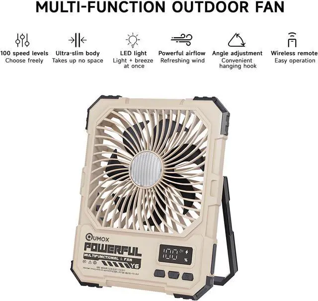Alt view image 2 of 7 - QUMOX Y6 Rechargeable Camping Fan with LED Light, 20000mAh Battery, Remote Control, 4 Speed Levels, 4 Light Modes, 2/4/6H Timer, Foldable Stand with Hanging Hook, Type-C Input (Khaki)