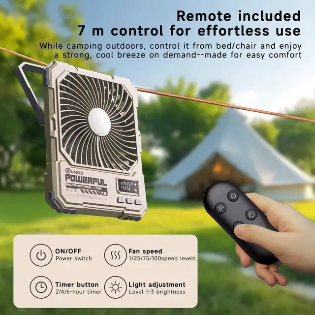 Alt view image 4 of 7 - QUMOX Y6 Rechargeable Camping Fan with LED Light, 20000mAh Battery, Remote Control, 4 Speed Levels, 4 Light Modes, 2/4/6H Timer, Foldable Stand with Hanging Hook, Type-C Input (Khaki)