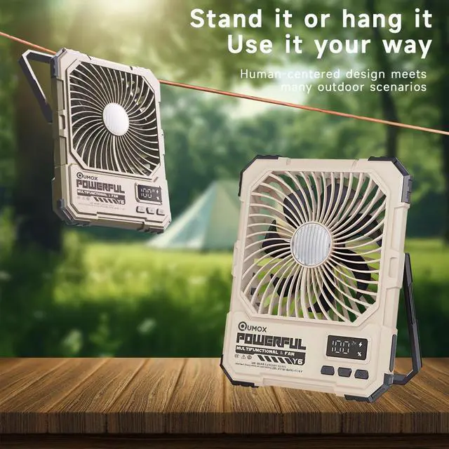 Alt view image 3 of 7 - QUMOX Y6 Rechargeable Camping Fan with LED Light, 20000mAh Battery, Remote Control, 4 Speed Levels, 4 Light Modes, 2/4/6H Timer, Foldable Stand with Hanging Hook, Type-C Input (Khaki)