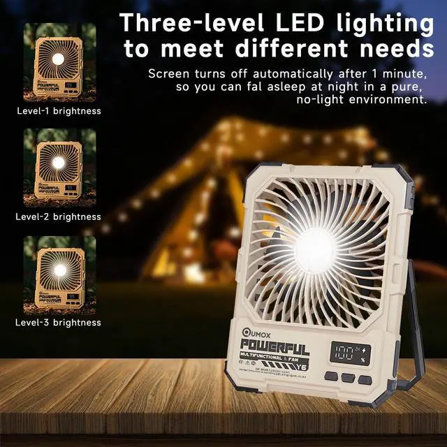 Alt view image 5 of 7 - QUMOX Y6 Rechargeable Camping Fan with LED Light, 20000mAh Battery, Remote Control, 4 Speed Levels, 4 Light Modes, 2/4/6H Timer, Foldable Stand with Hanging Hook, Type-C Input (Khaki)
