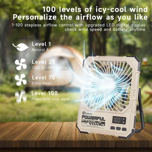 Alt view image 6 of 7 - QUMOX Y6 Rechargeable Camping Fan with LED Light, 20000mAh Battery, Remote Control, 4 Speed Levels, 4 Light Modes, 2/4/6H Timer, Foldable Stand with Hanging Hook, Type-C Input (Khaki)