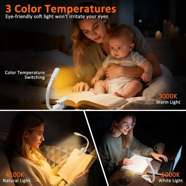 Alt view image 3 of 7 - VZZNN 10 Pcs Clip On Reading Light, Rechargeable Book Light with 5 LED 3 Color Temperatures & Stepless Dimming, Portable Bed Lamp (White)