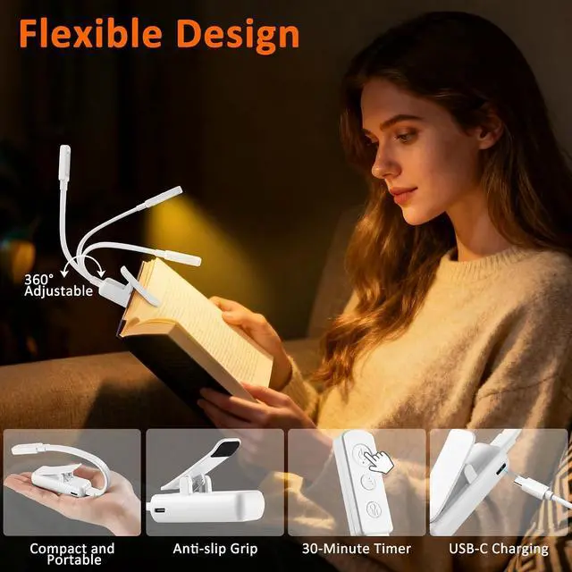 Alt view image 4 of 7 - VZZNN 10 Pcs Clip On Reading Light, Rechargeable Book Light with 5 LED 3 Color Temperatures & Stepless Dimming, Portable Bed Lamp (White)