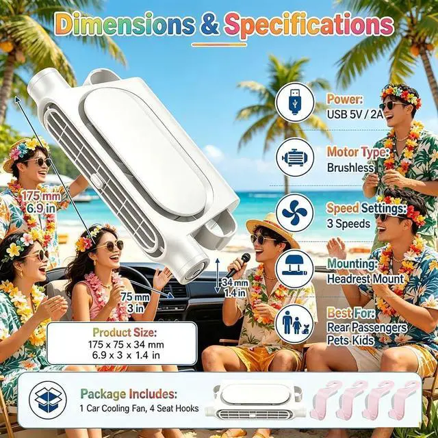 Alt view image 2 of 7 - Car Seat Fan for Front and Rear Passengers, USB Powered/Rechargeable Headrest Fan, Portable 3-Speed Quiet Carseat Fans for Rear Facing Car Seat, SUV, Truck, RV, Travel (White*2, Rechargeable)