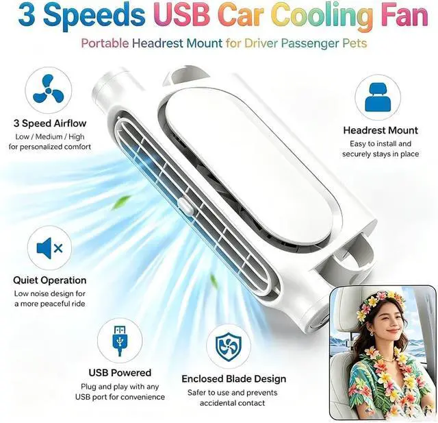 Alt view image 4 of 7 - Car Seat Fan for Front and Rear Passengers, USB Powered/Rechargeable Headrest Fan, Portable 3-Speed Quiet Carseat Fans for Rear Facing Car Seat, SUV, Truck, RV, Travel (White*2, Rechargeable)