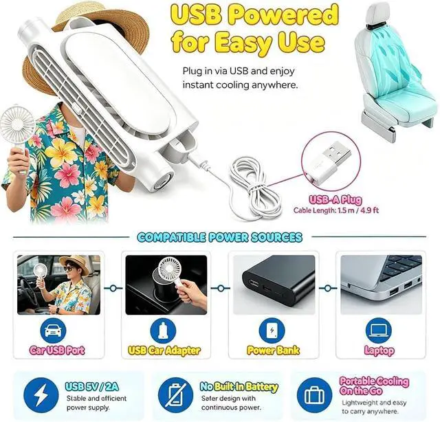 Alt view image 6 of 7 - Car Seat Fan for Front and Rear Passengers, USB Powered/Rechargeable Headrest Fan, Portable 3-Speed Quiet Carseat Fans for Rear Facing Car Seat, SUV, Truck, RV, Travel (White*2, Rechargeable)