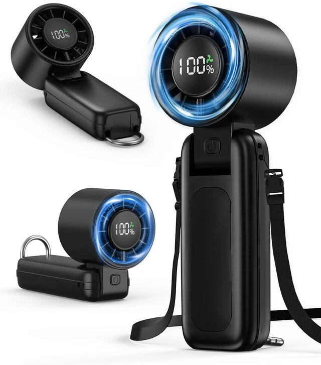 Main image of 4 in 1 Handheld Portable Turbo Fan, 180° Foldable 6-Speed (1-100) Mini Fan, 5000mAh Rechargeable Battery Operated up to 15 Working Hours, LED Display Personal Cooling for Travel Indoor Outdoor, black