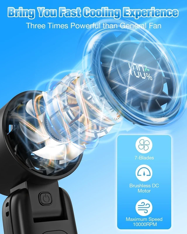 Alt view image 2 of 7 - 4 in 1 Handheld Portable Turbo Fan, 180° Foldable 6-Speed (1-100) Mini Fan, 5000mAh Rechargeable Battery Operated up to 15 Working Hours, LED Display Personal Cooling for Travel Indoor Outdoor, black