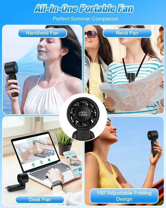 Alt view image 5 of 7 - 4 in 1 Handheld Portable Turbo Fan, 180° Foldable 6-Speed (1-100) Mini Fan, 5000mAh Rechargeable Battery Operated up to 15 Working Hours, LED Display Personal Cooling for Travel Indoor Outdoor, black