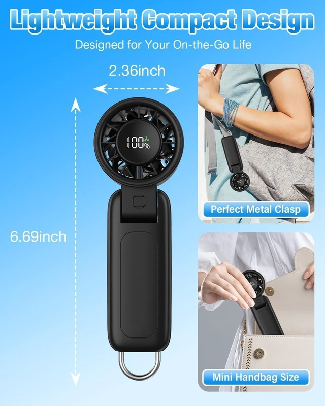 Alt view image 6 of 7 - 4 in 1 Handheld Portable Turbo Fan, 180° Foldable 6-Speed (1-100) Mini Fan, 5000mAh Rechargeable Battery Operated up to 15 Working Hours, LED Display Personal Cooling for Travel Indoor Outdoor, black