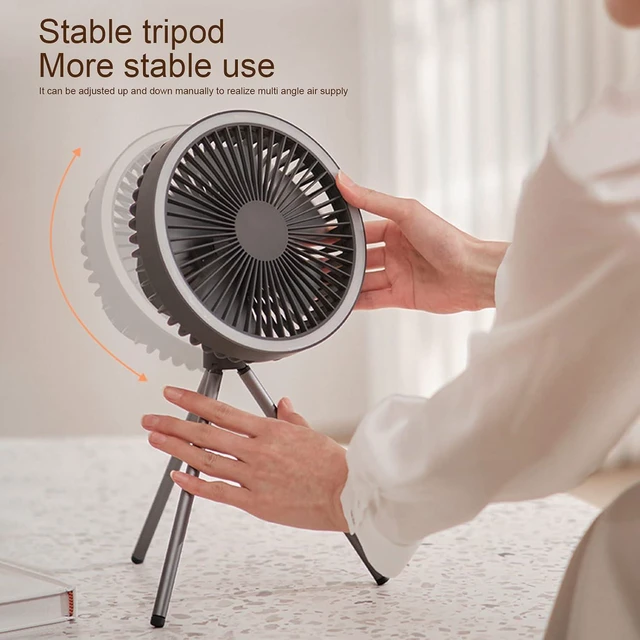 Alt view image 2 of 7 - Portable Camping Fan with LED Light, 10000 MAh Battery Powered Fan with Standing Tripod & Rotatable Hanging Hook 3 Speeds Personal Outdoor Desk Fan for Fishing Office Home