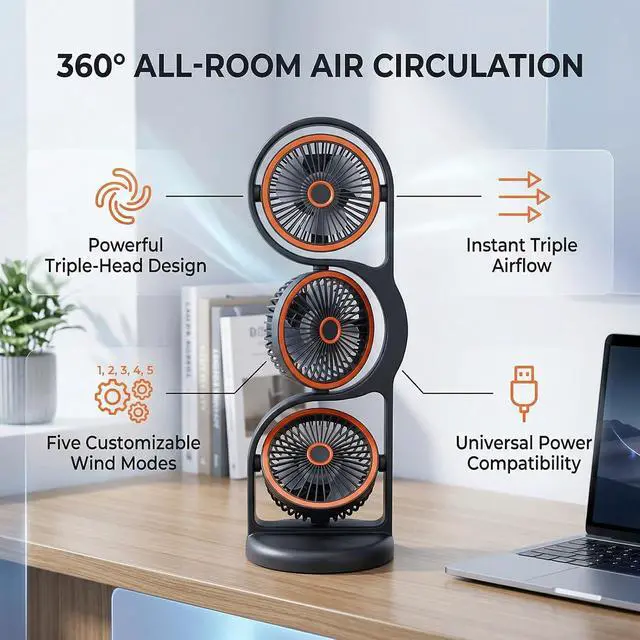 Alt view image 4 of 7 - Greensen Portable Desk Fan, USB Rechargeable 3 Head Desk Fan with ABS Housing, 5 Speeds, 360 Air Circulation, Built in Battery, for Study Work Office Outdoor Use (Grey)