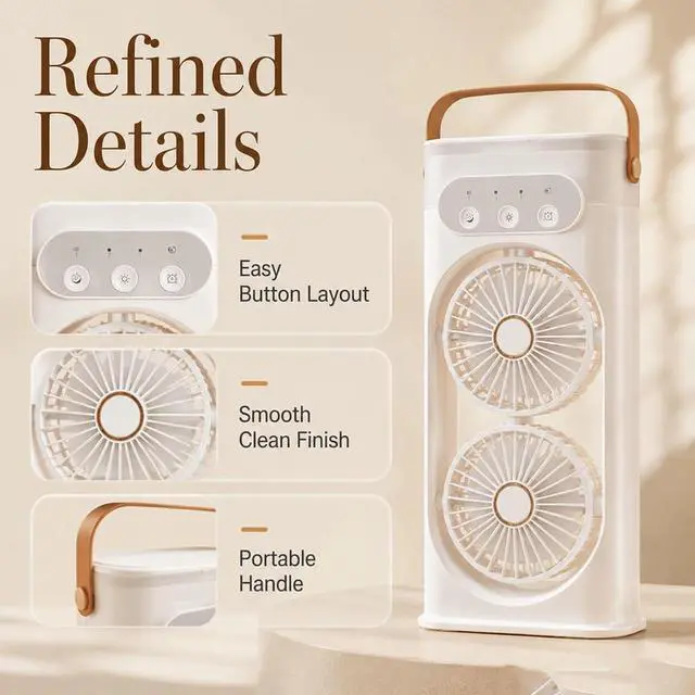 Alt view image 4 of 7 - Desk Fan Quiet Triple-Nozzle Dual-Head Humidifying Spray Aromatherapy Sleep 180° Wide-Angle Airflow For Home Room Office,white