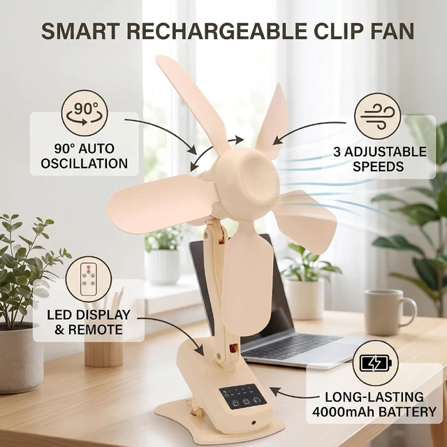 Alt view image 4 of 7 - Rengue Remote Control USB Clip Fan, ABS Rechargeable Desk Fan with 4000mAh Battery, 3 Speeds, 90° Oscillation, LED Display for Office Bedroom Patio