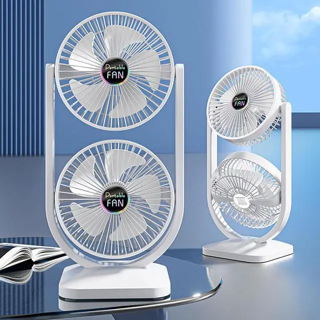 Alt view image 2 of 7 - White Dual Head Cooling Fan USB Rechargeable Electric Floor Fan for Home Office Dorm Travel ABS Construction