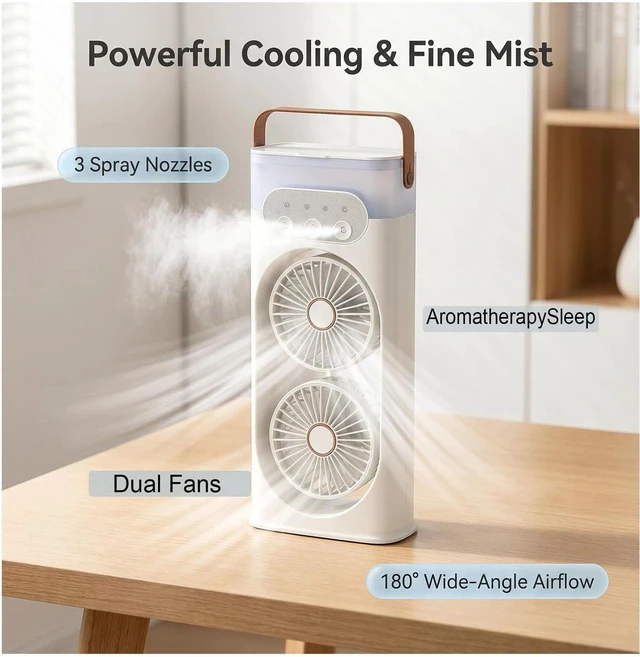 Alt view image 3 of 7 - Easy To Refill Water Mist Fan Triple-Nozzle Dual-Head Humidifying Spray Aromatherapy Sleep 180° Wide-Angle Airflow For Home Room Office,blue