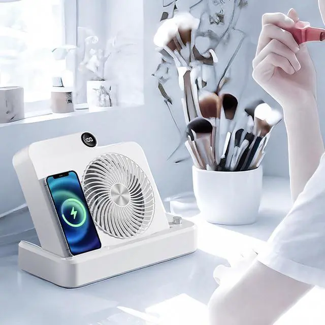 Alt view image 4 of 7 - Desk Fan, Folding Quiet Portable Small Fan with 100 Gears Adjustable Wind Speed, Wireless Charging Station Design for Mobile Phones Daily Use (White)